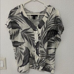 Tahari Black Leaf Print Button-Down Women's Top